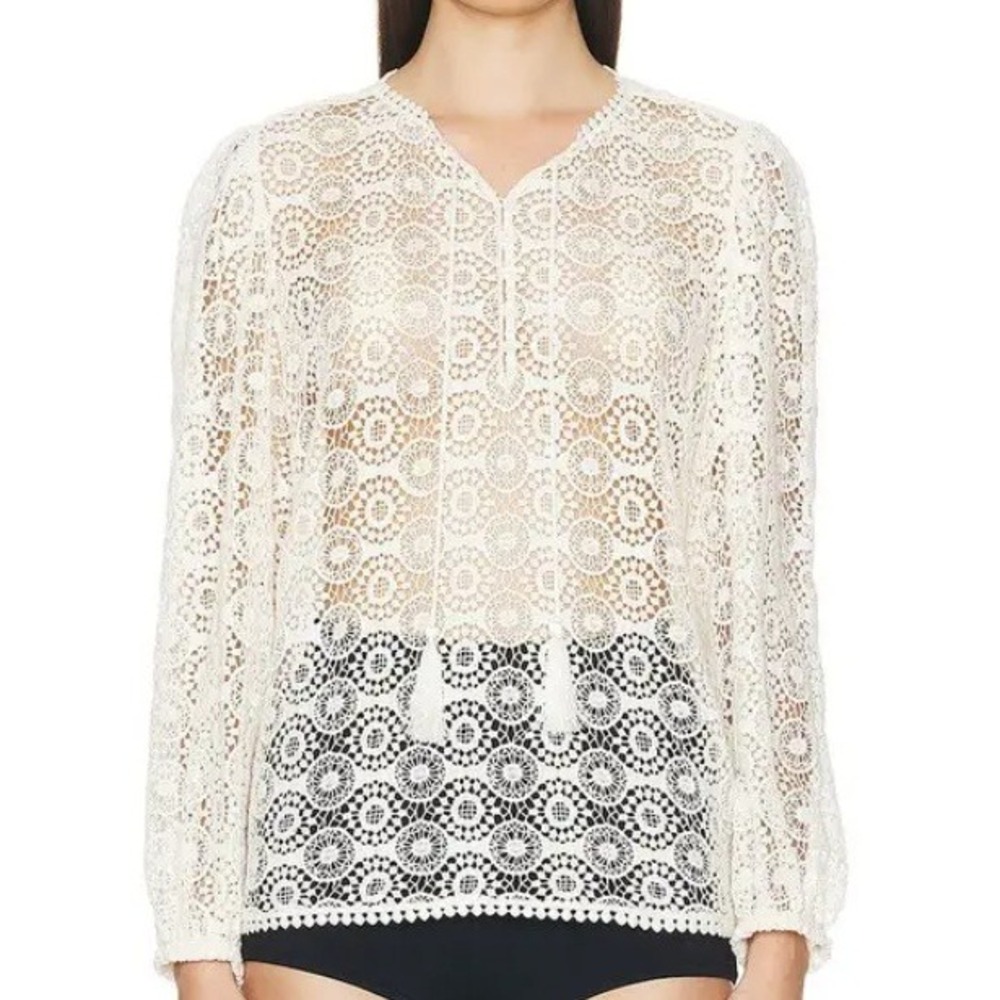 FRAME Cream Crochet Lace Boho Long Sleeve Tassel V Neck Blouse Top‎ M/M